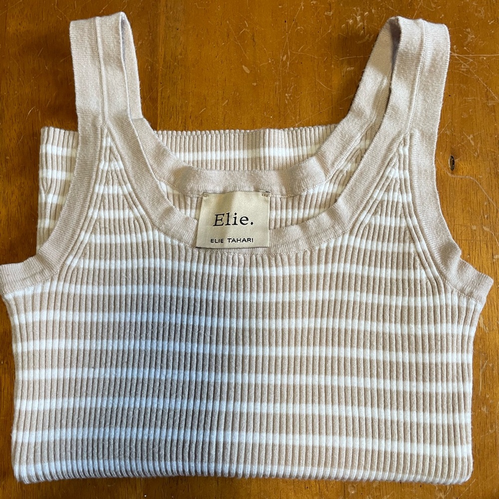 Elie Tahari Beige and White Ribbed Tank Top
